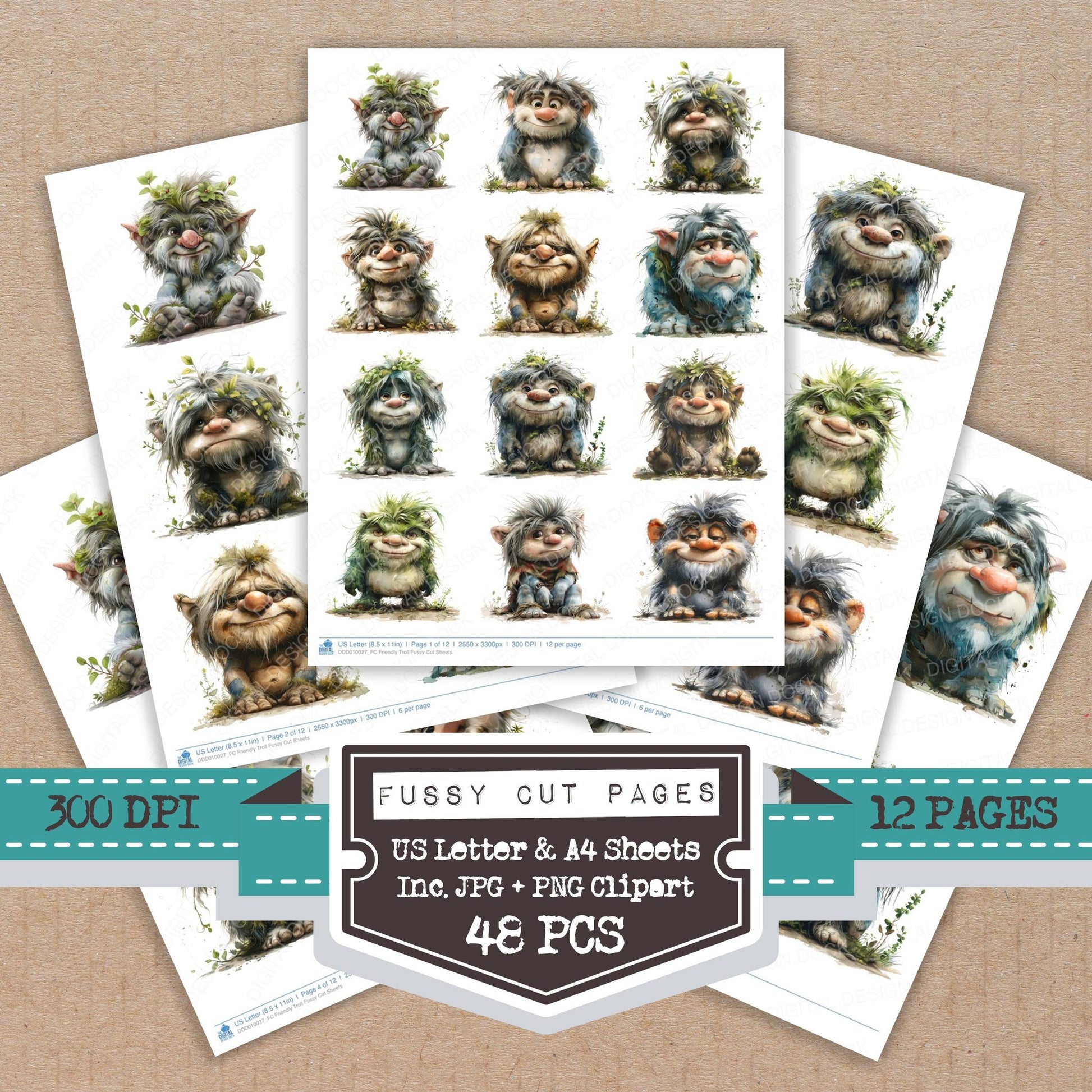 Friendly Troll fussy cut printable sheets for junk journaling, scrapbooking, and paper craft projects