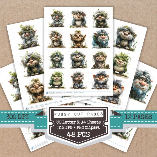 Friendly Troll fussy cut printable sheets for junk journaling, scrapbooking, and paper craft projects