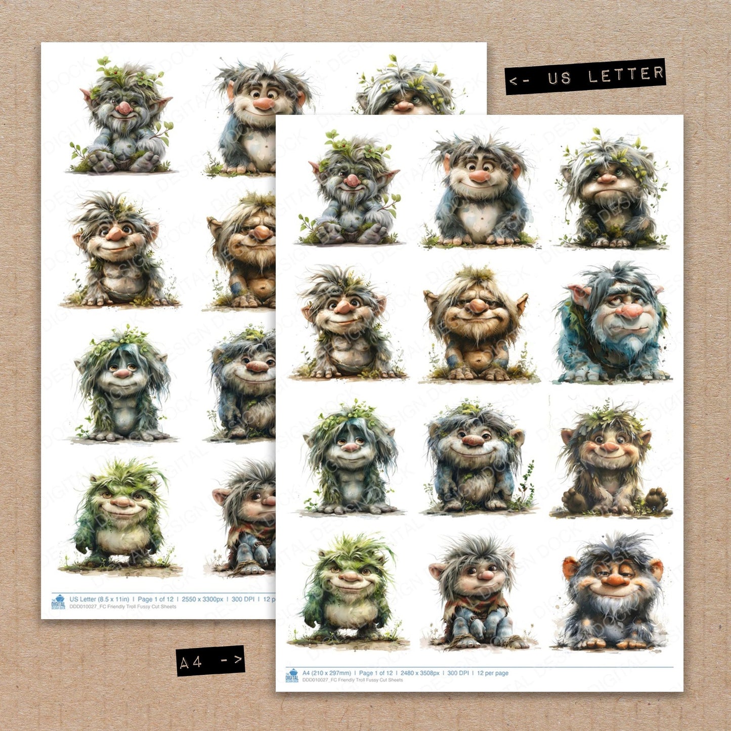 A4 and US Letter format comparison showing Friendly Troll fussy cut pages for print and cut crafting