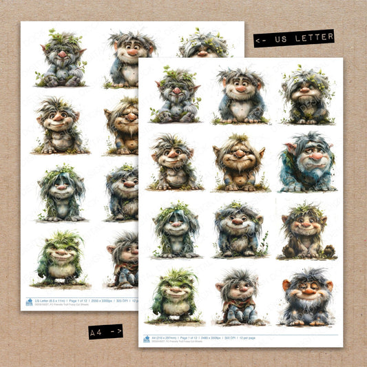 A4 and US Letter format comparison showing Friendly Troll fussy cut pages for print and cut crafting