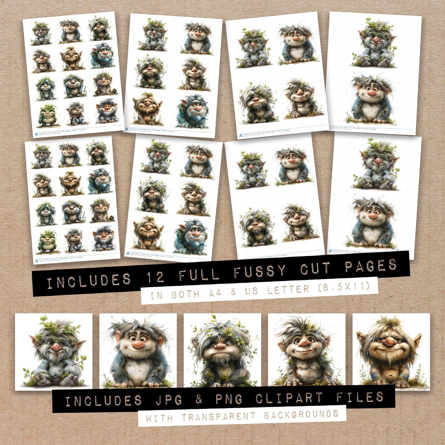 Full collection view of Friendly Troll fussy cut sheets with bonus clipart JPG and PNG files