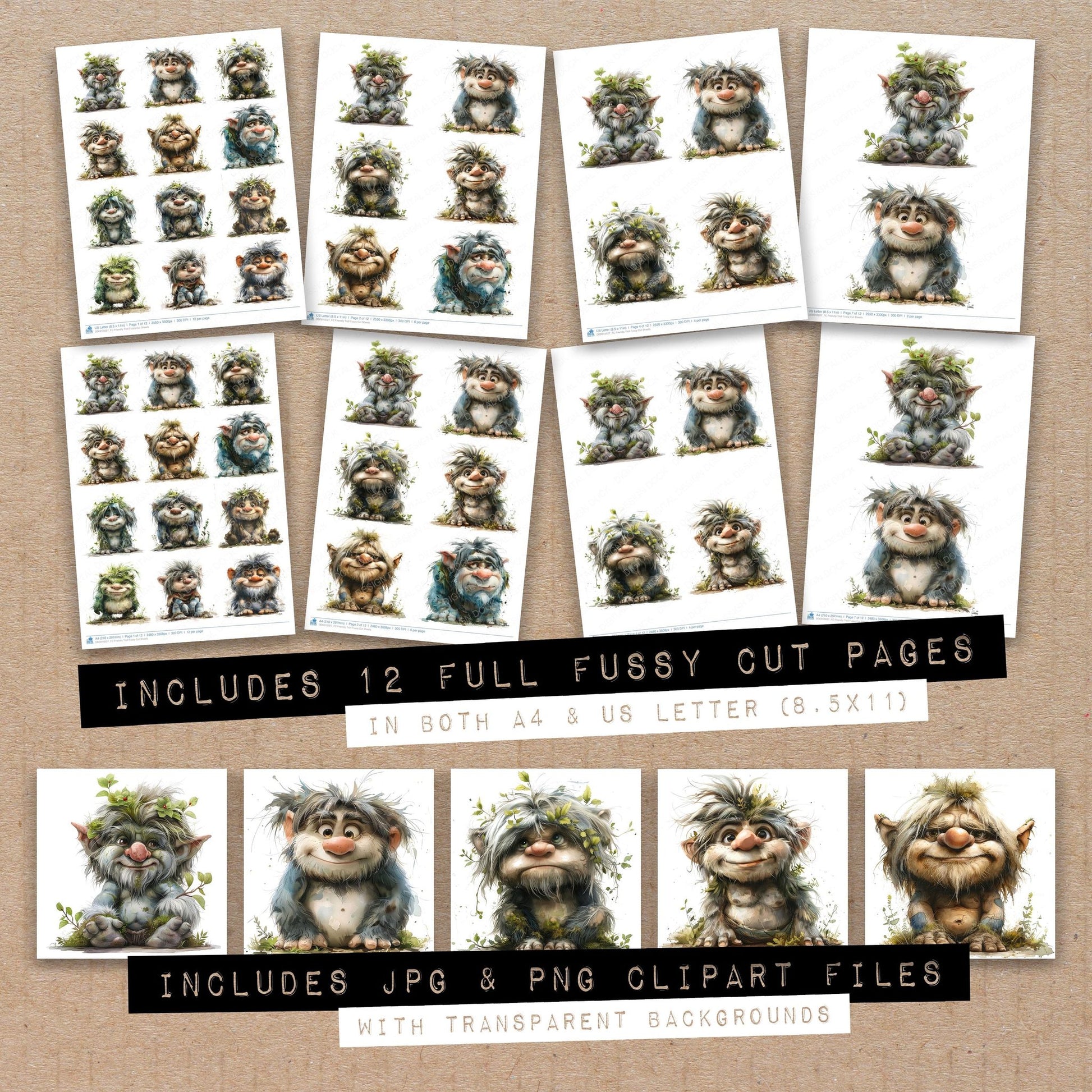 Full collection view of Friendly Troll fussy cut sheets with bonus clipart JPG and PNG files