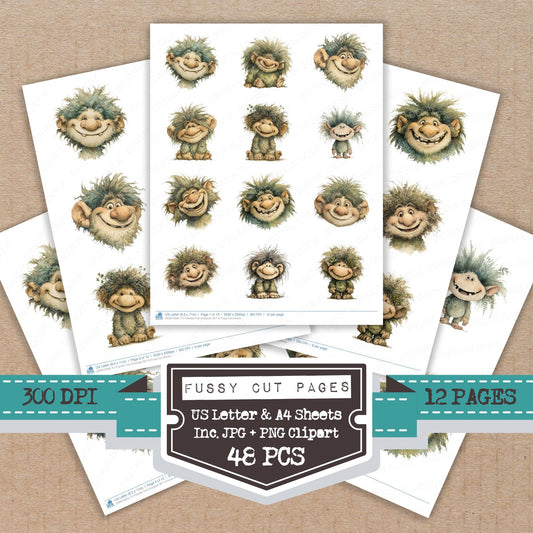 Friendly Troll Character A fussy cut printable sheets for junk journaling, scrapbooking, and paper craft projects