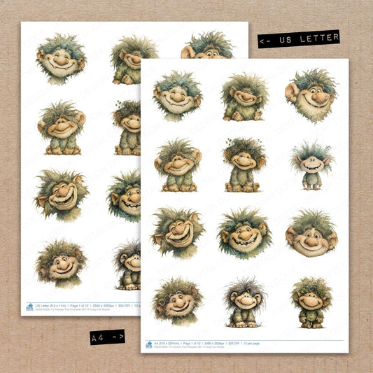 A4 and US Letter format comparison showing Friendly Troll Character A fussy cut pages for print and cut crafting