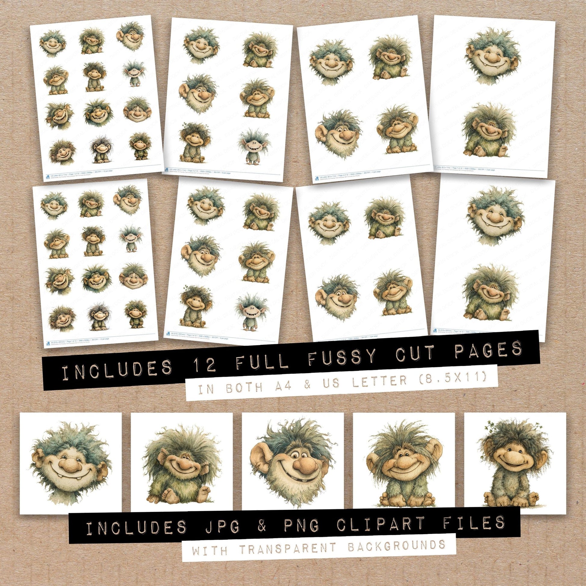 Full collection view of Friendly Troll Character A fussy cut sheets with bonus clipart JPG and PNG files