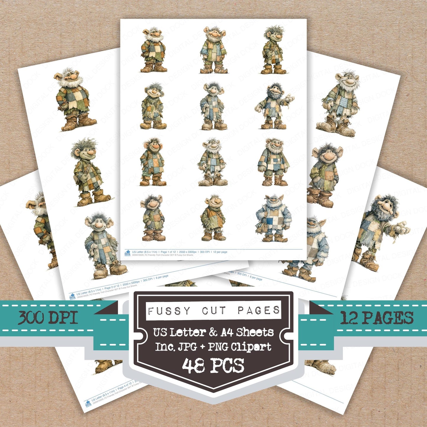 Friendly Troll Character B fussy cut printable sheets for junk journaling, scrapbooking, and paper craft projects