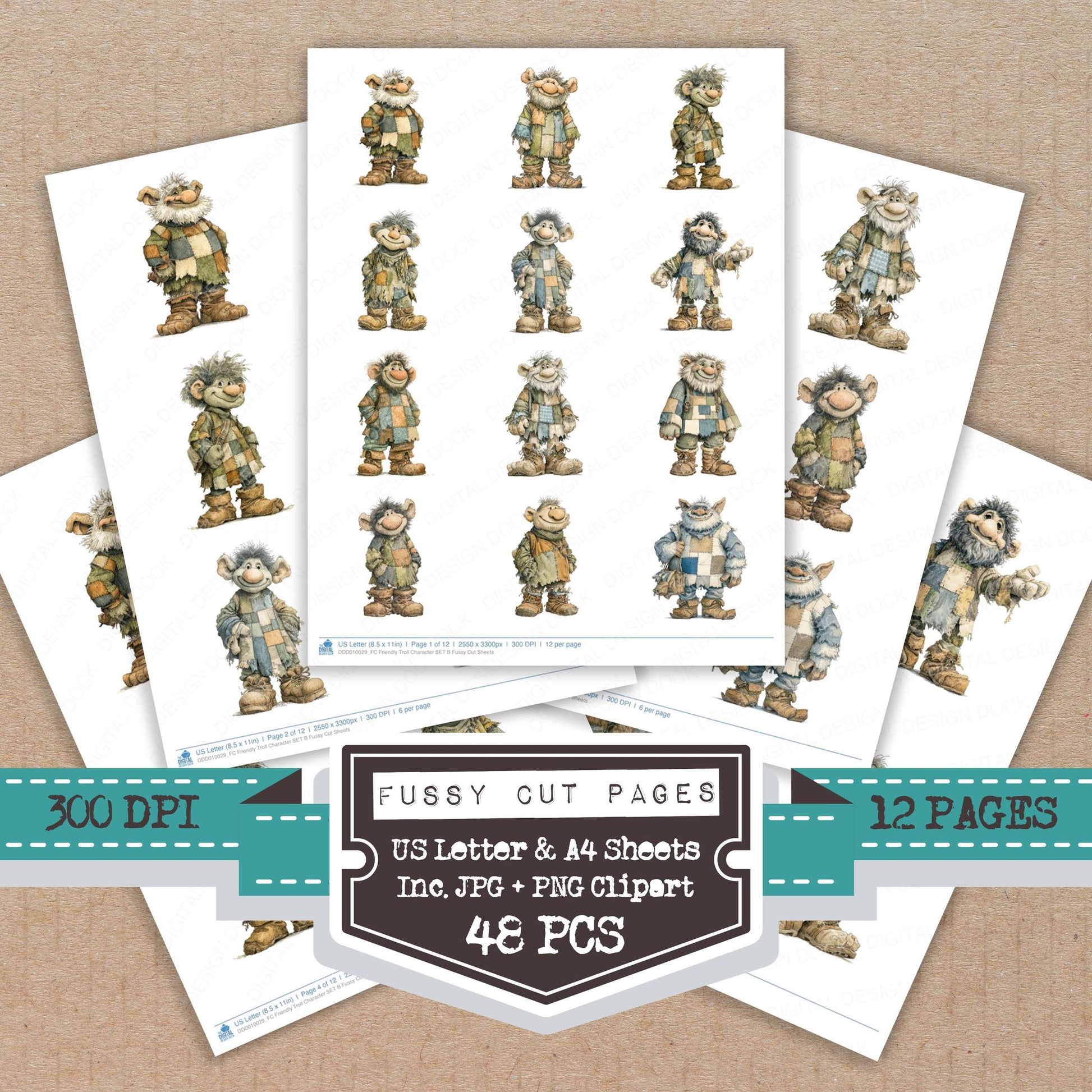 Friendly Troll Character B fussy cut printable sheets for junk journaling, scrapbooking, and paper craft projects