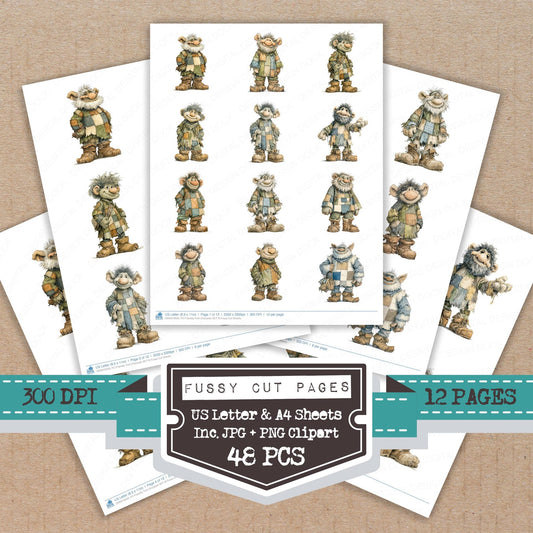 Friendly Troll Character B fussy cut printable sheets for junk journaling, scrapbooking, and paper craft projects