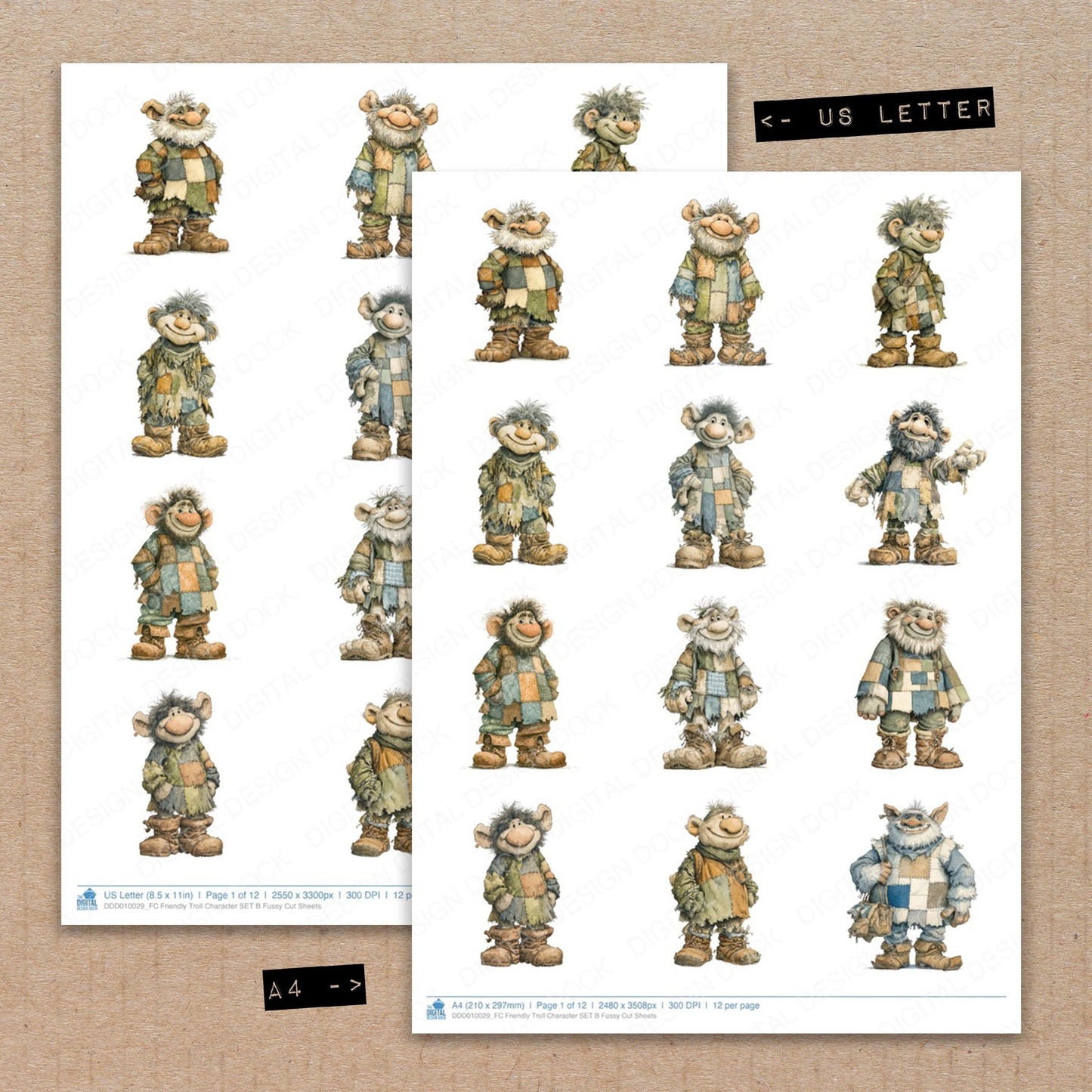 A4 and US Letter format comparison showing Friendly Troll Character B fussy cut pages for print and cut crafting