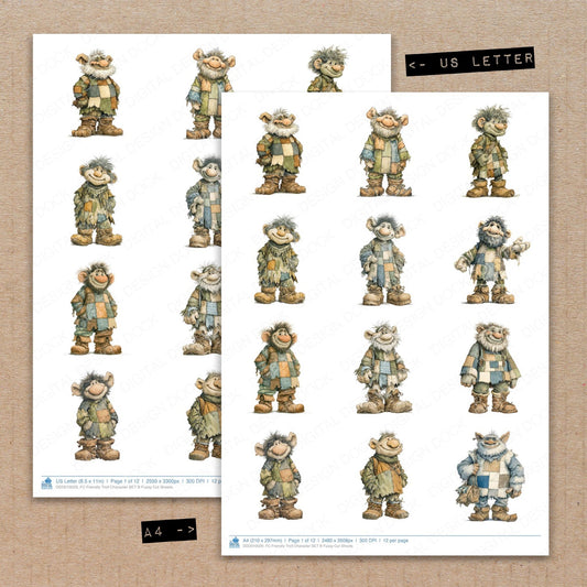 A4 and US Letter format comparison showing Friendly Troll Character B fussy cut pages for print and cut crafting