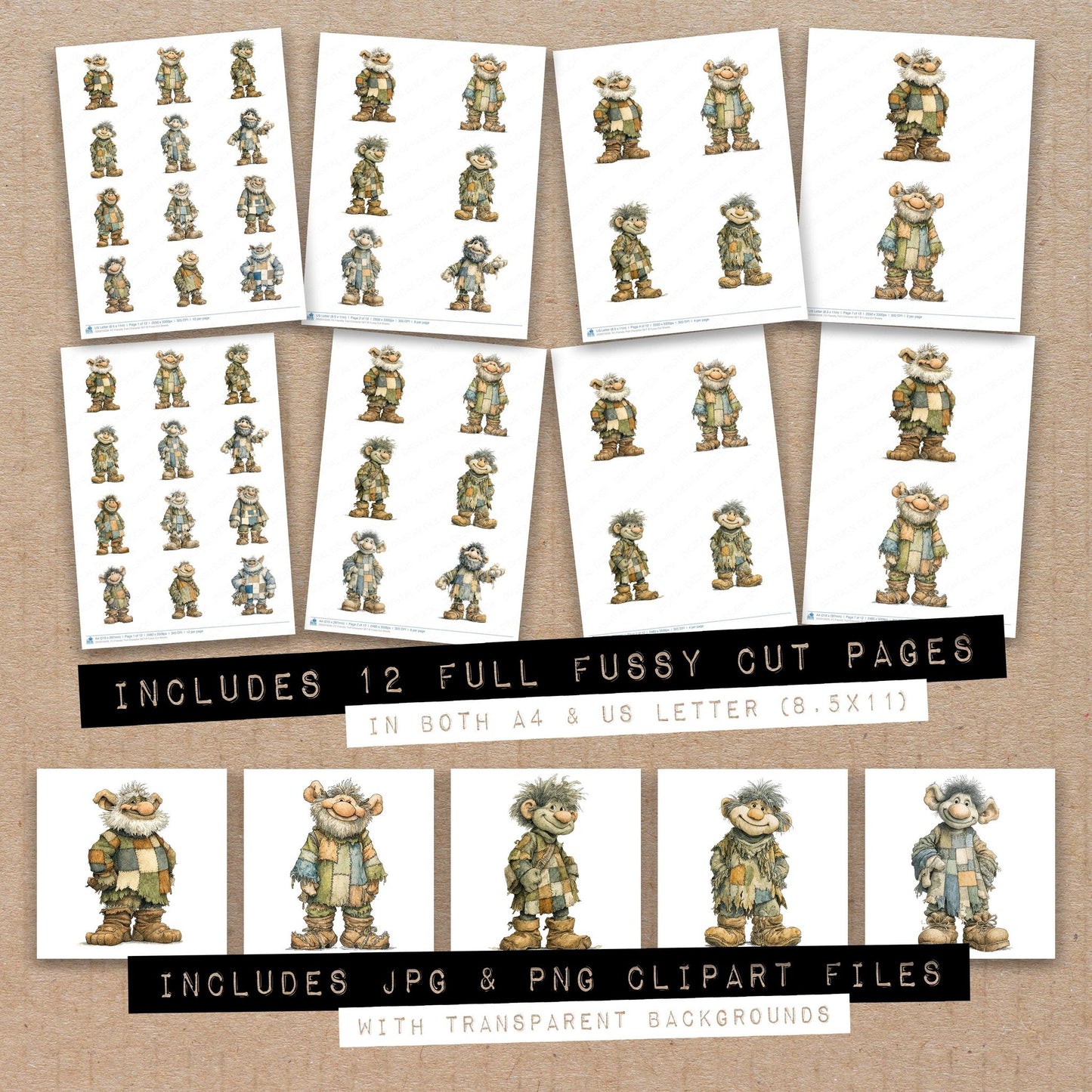 Full collection view of Friendly Troll Character B fussy cut sheets with bonus clipart JPG and PNG files