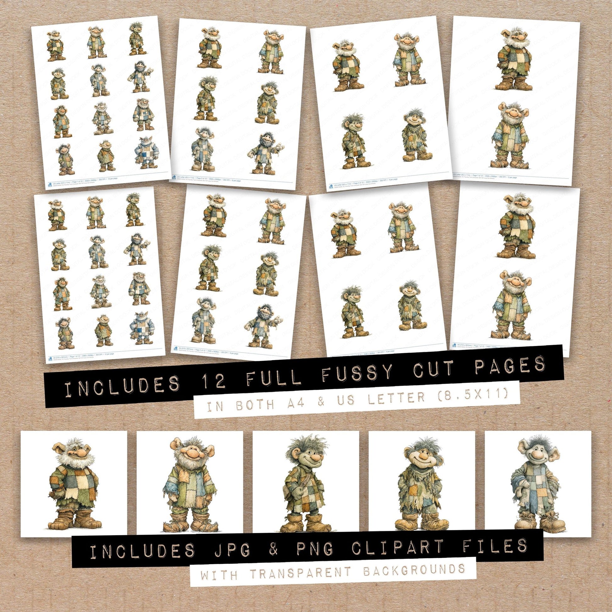 Full collection view of Friendly Troll Character B fussy cut sheets with bonus clipart JPG and PNG files