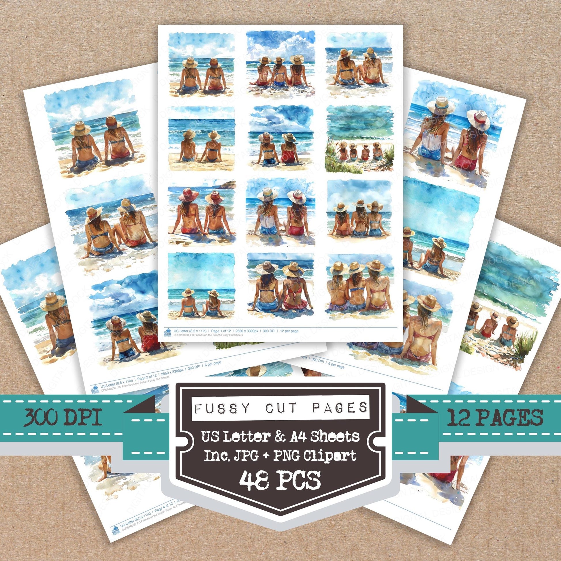 Friends on the Beach fussy cut printable sheets for junk journaling, scrapbooking, and paper craft projects
