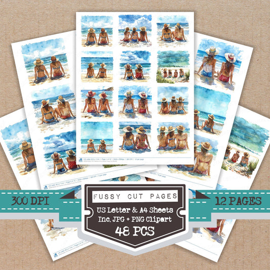 Friends on the Beach fussy cut printable sheets for junk journaling, scrapbooking, and paper craft projects