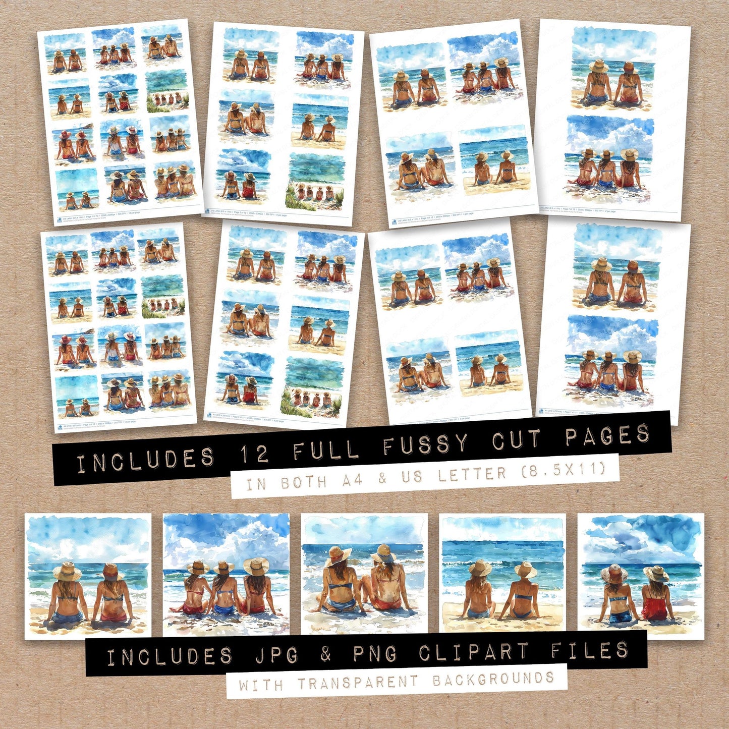 Full collection view of Friends on the Beach fussy cut sheets with bonus clipart JPG and PNG files