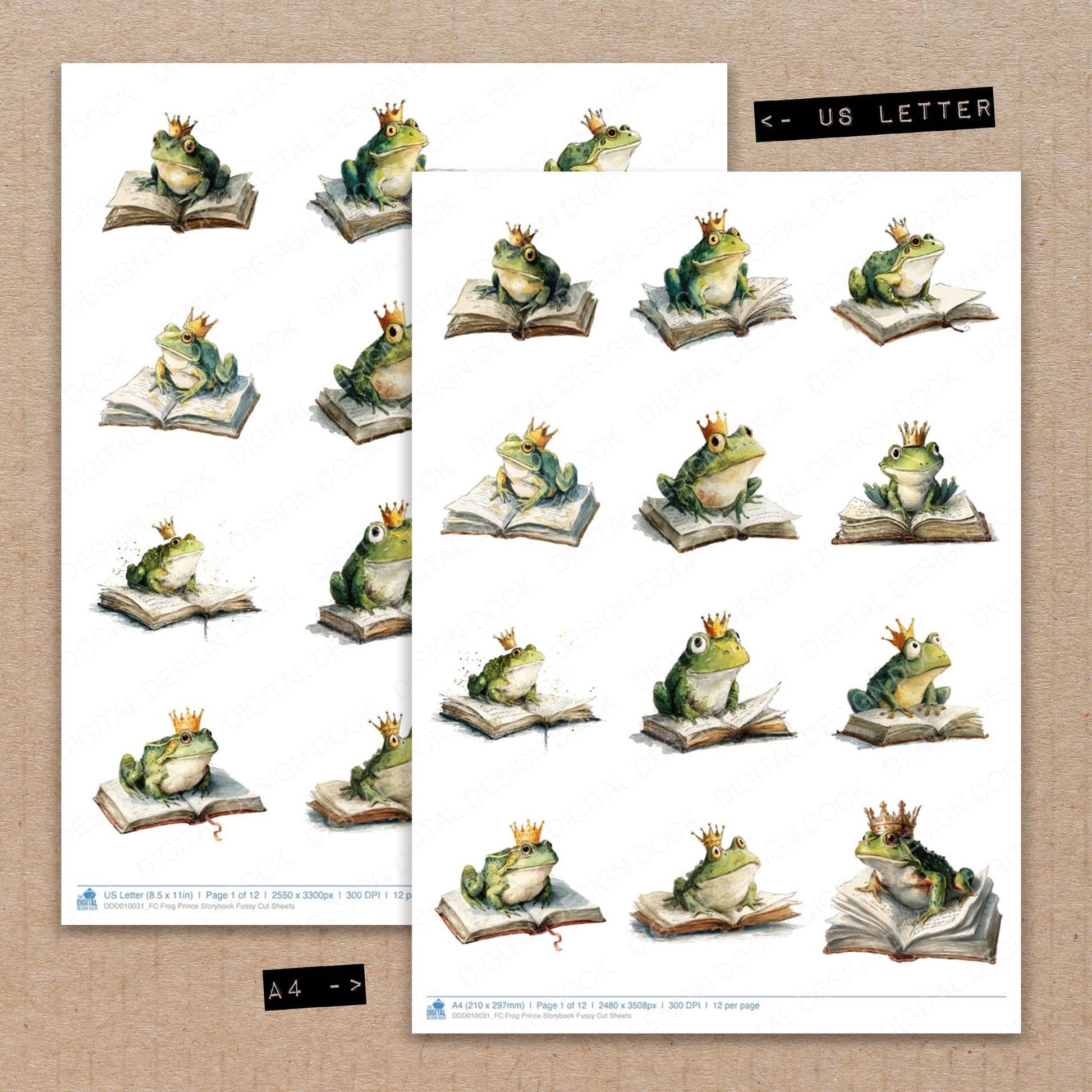 A4 and US Letter format comparison showing Frog Prince Storybook fussy cut pages for print and cut crafting
