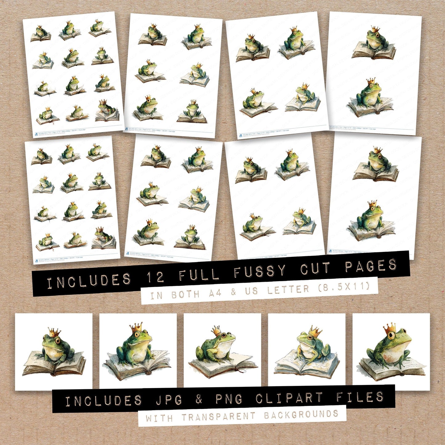 Full collection view of Frog Prince Storybook fussy cut sheets with bonus clipart JPG and PNG files