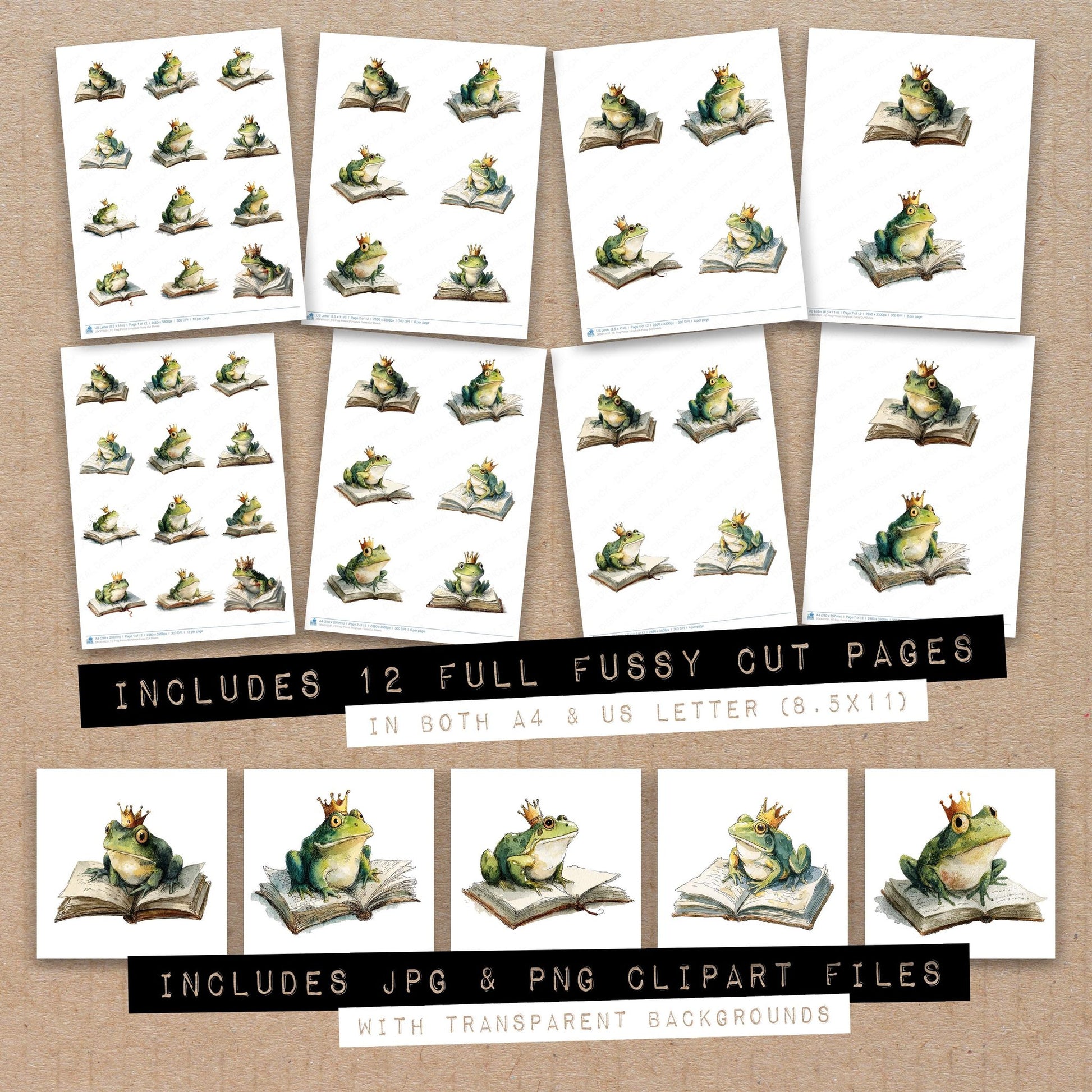 Full collection view of Frog Prince Storybook fussy cut sheets with bonus clipart JPG and PNG files