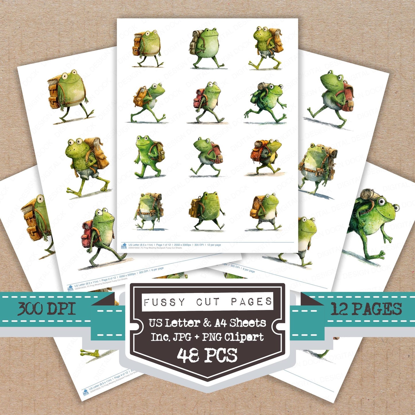 Frog Wearing Backpack fussy cut printable sheets for junk journaling, scrapbooking, and paper craft projects