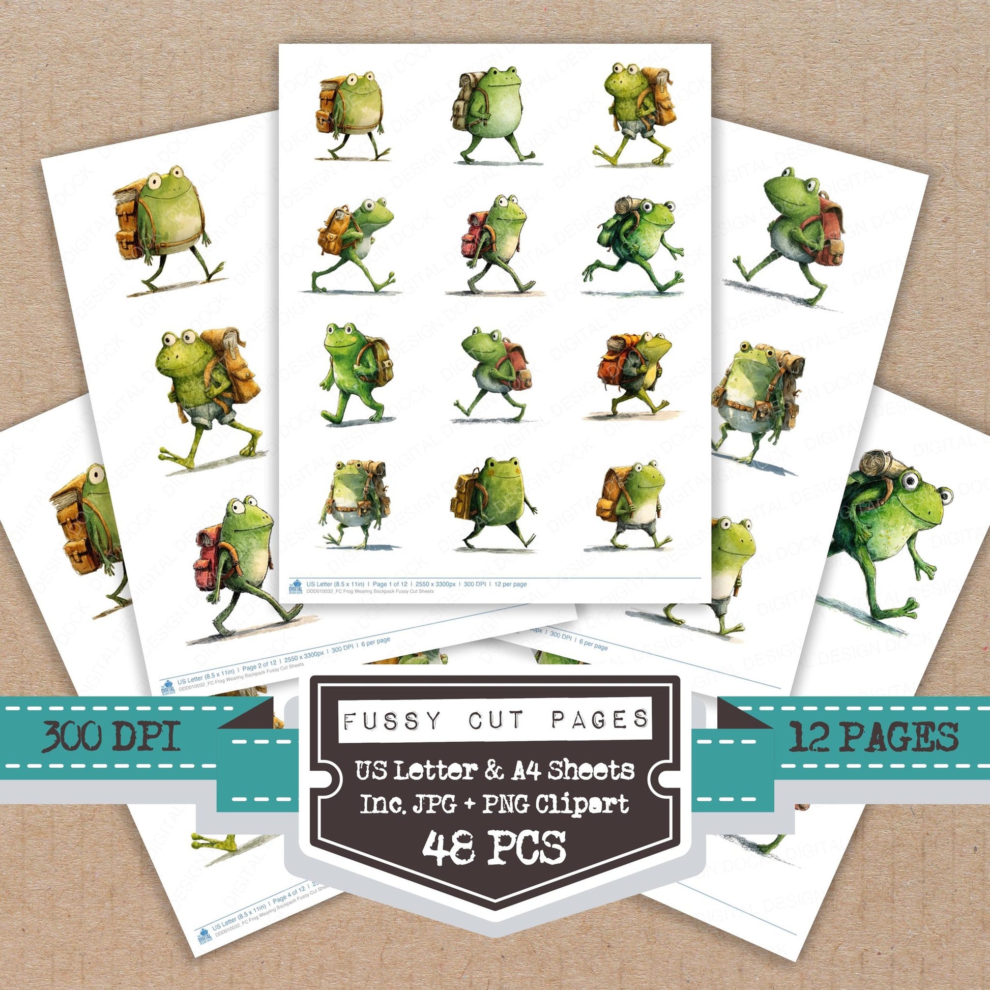 Frog Wearing Backpack fussy cut printable sheets for junk journaling, scrapbooking, and paper craft projects