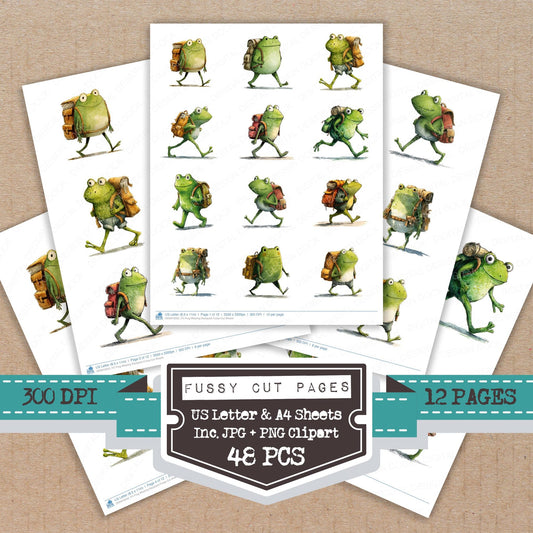Frog Wearing Backpack fussy cut printable sheets for junk journaling, scrapbooking, and paper craft projects