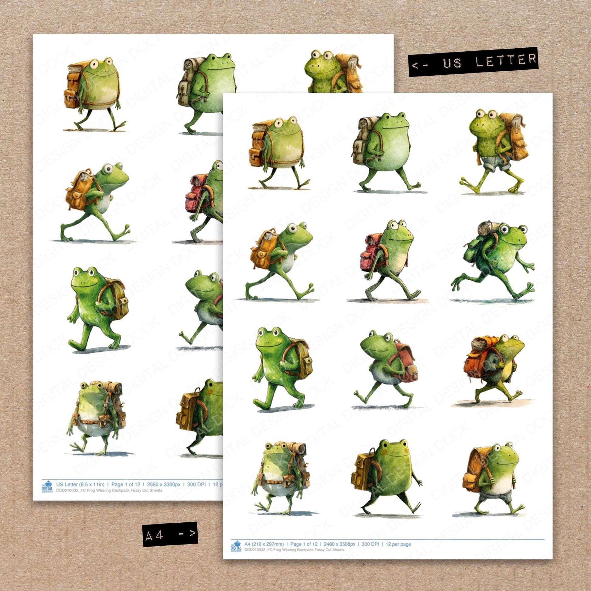A4 and US Letter format comparison showing Frog Wearing Backpack fussy cut pages for print and cut crafting