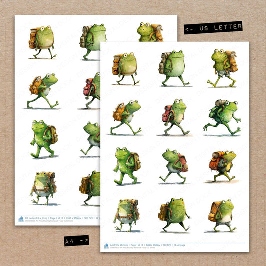 A4 and US Letter format comparison showing Frog Wearing Backpack fussy cut pages for print and cut crafting