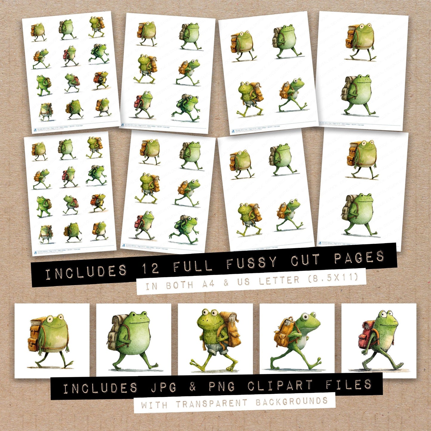 Full collection view of Frog Wearing Backpack fussy cut sheets with bonus clipart JPG and PNG files