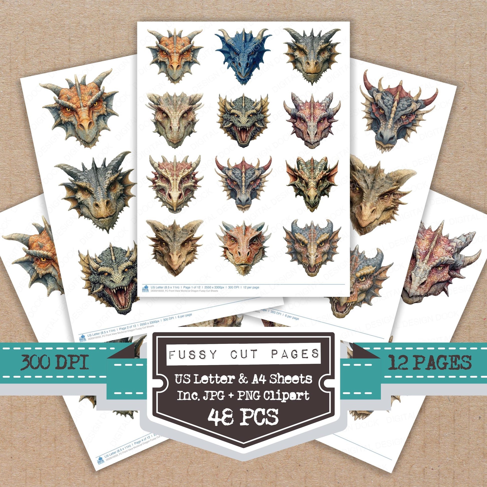 Front View Medieval Dragon fussy cut printable sheets for junk journaling, scrapbooking, and paper craft projects