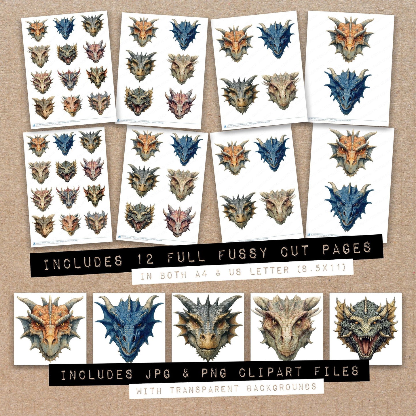 Full collection view of Front View Medieval Dragon fussy cut sheets with bonus clipart JPG and PNG files