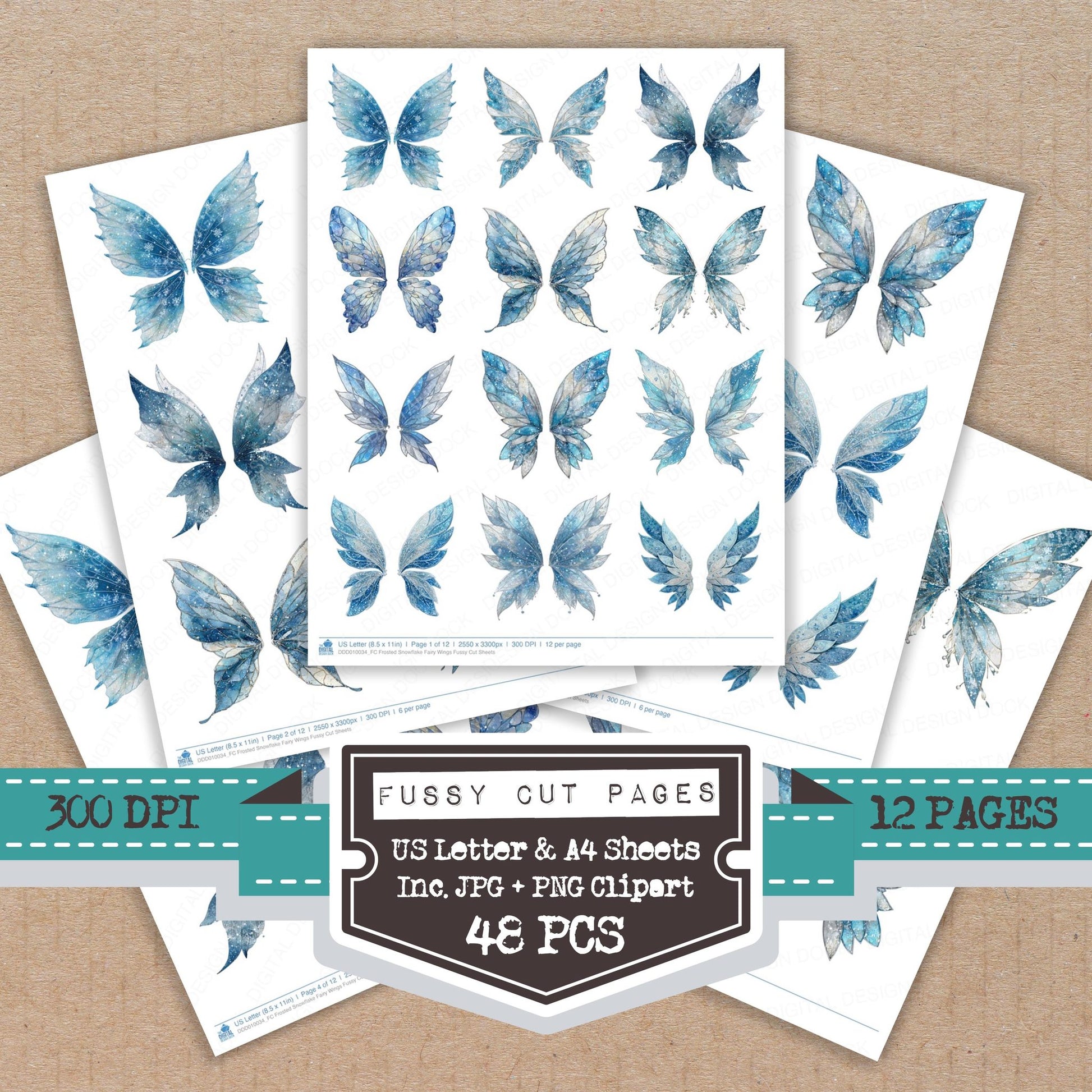 Frosted Snowflake Fairy Wings fussy cut printable sheets for junk journaling, scrapbooking, and paper craft projects