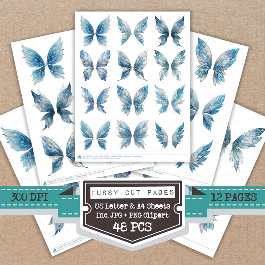 Frosted Snowflake Fairy Wings fussy cut printable sheets for junk journaling, scrapbooking, and paper craft projects