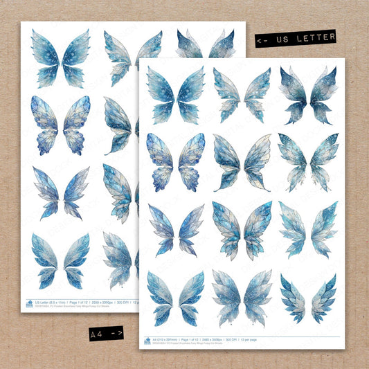A4 and US Letter format comparison showing Frosted Snowflake Fairy Wings fussy cut pages for print and cut crafting
