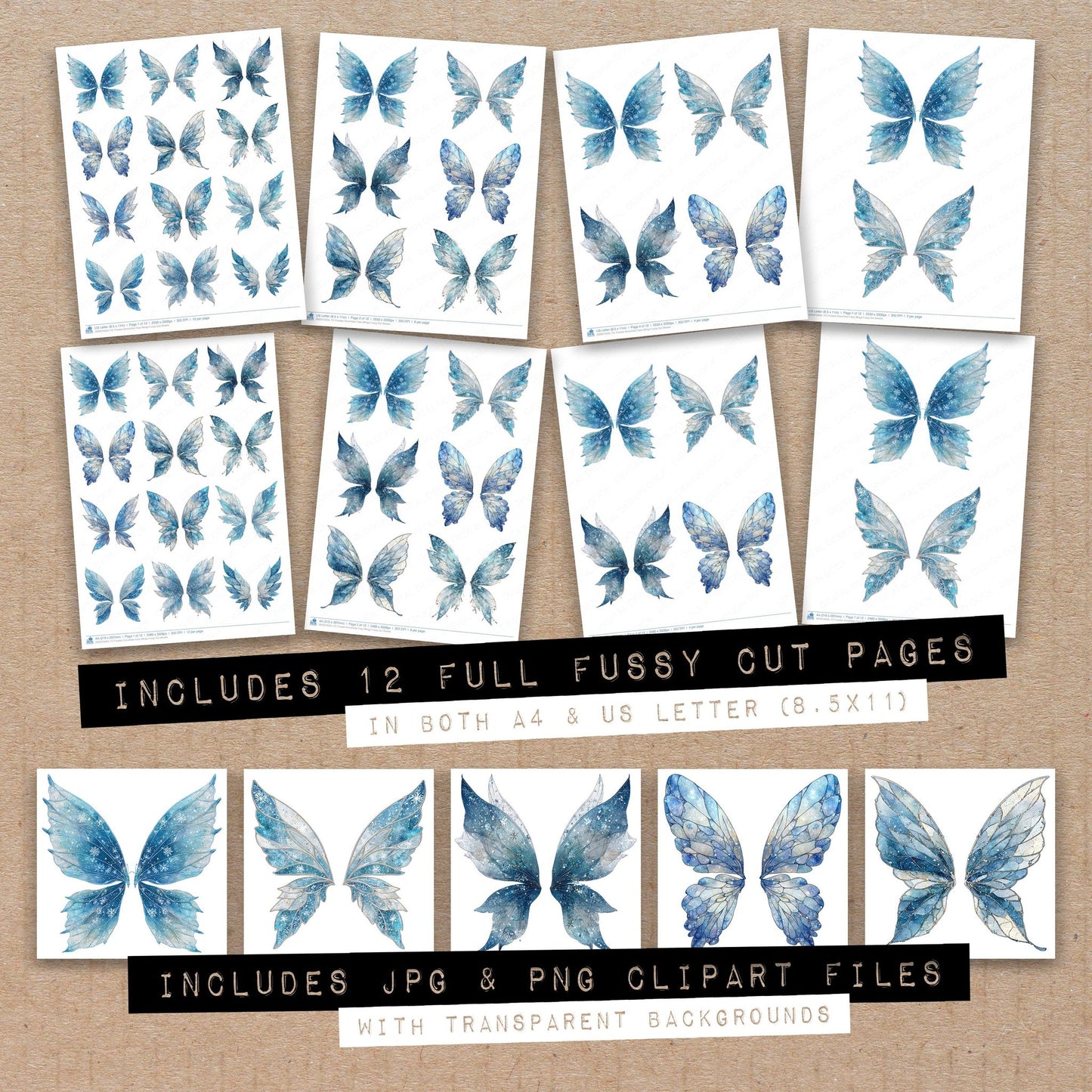 Full collection view of Frosted Snowflake Fairy Wings fussy cut sheets with bonus clipart JPG and PNG files