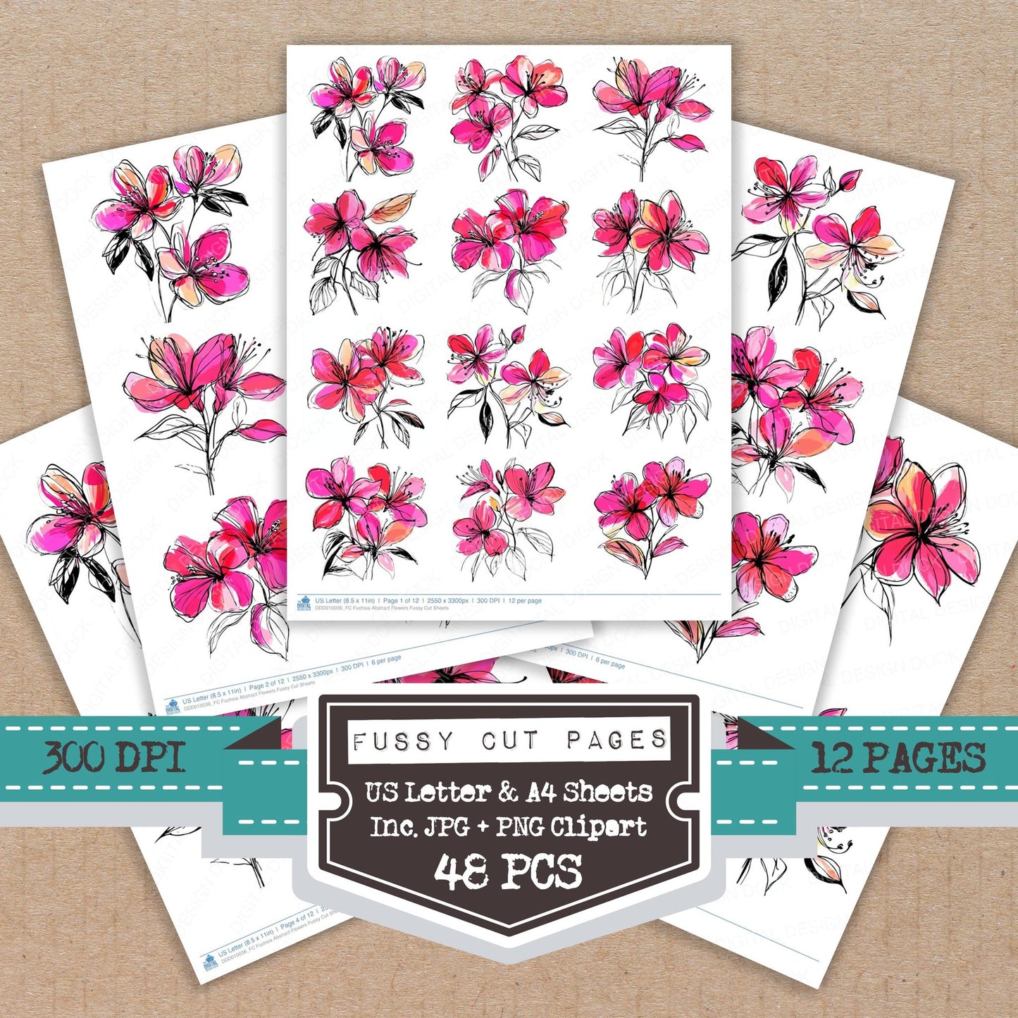 Fuchsia Abstract Flowers fussy cut printable sheets for junk journaling, scrapbooking, and paper craft projects
