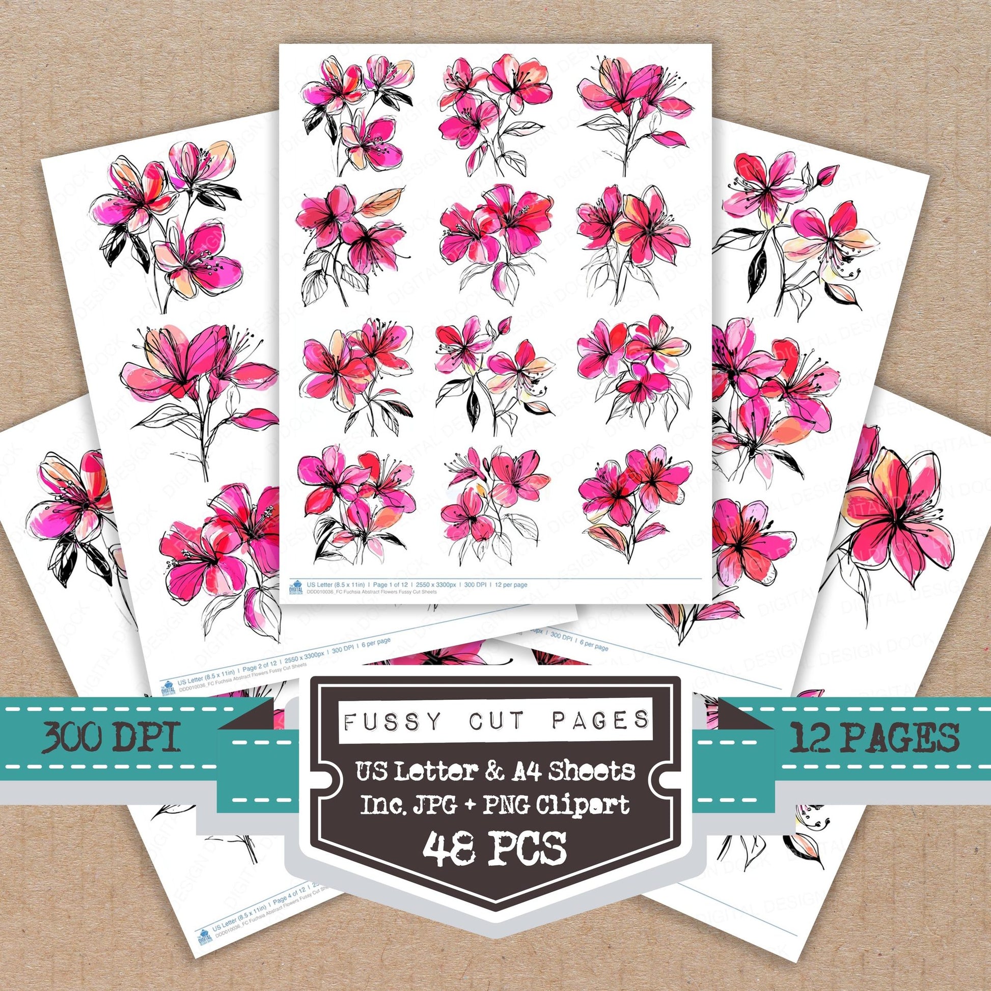 Fuchsia Abstract Flowers fussy cut printable sheets for junk journaling, scrapbooking, and paper craft projects