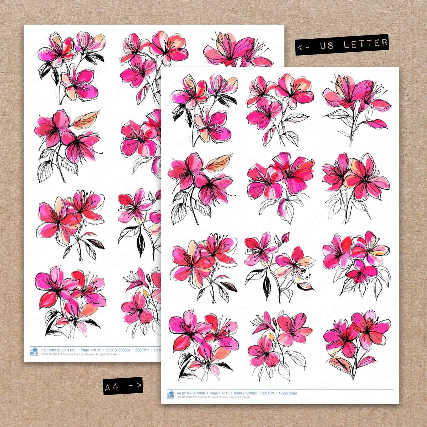 A4 and US Letter format comparison showing Fuchsia Abstract Flowers fussy cut pages for print and cut crafting