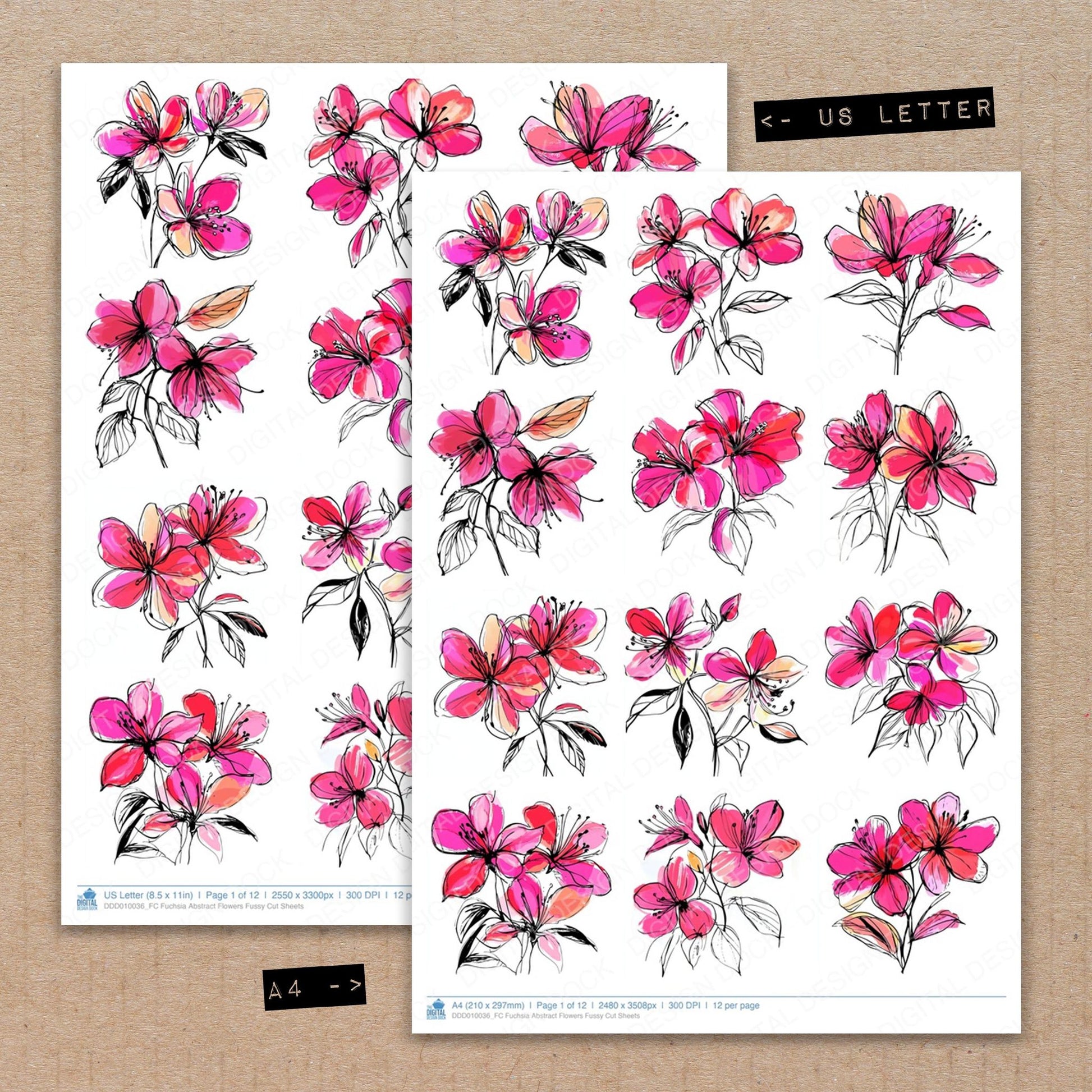 A4 and US Letter format comparison showing Fuchsia Abstract Flowers fussy cut pages for print and cut crafting