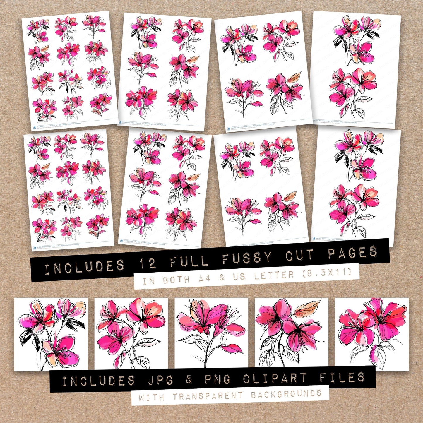 Full collection view of Fuchsia Abstract Flowers fussy cut sheets with bonus clipart JPG and PNG files
