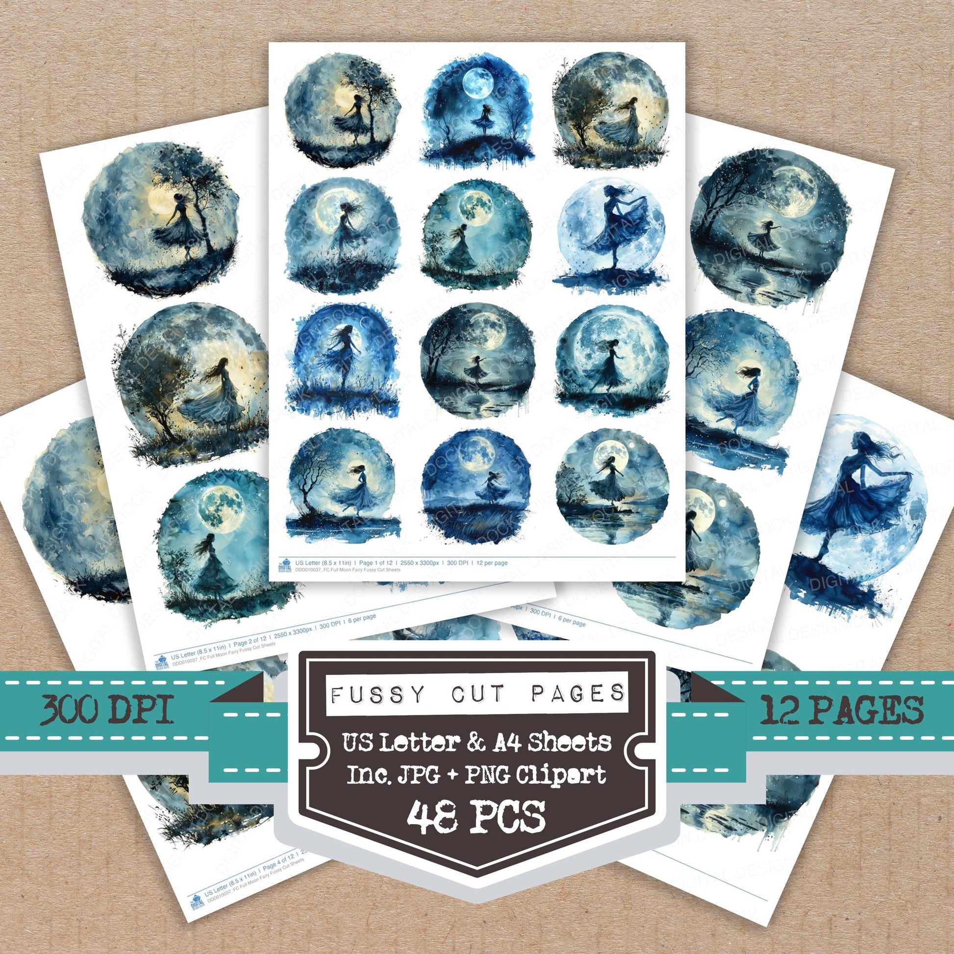 Full Moon Fairy fussy cut printable sheets for junk journaling, scrapbooking, and paper craft projects