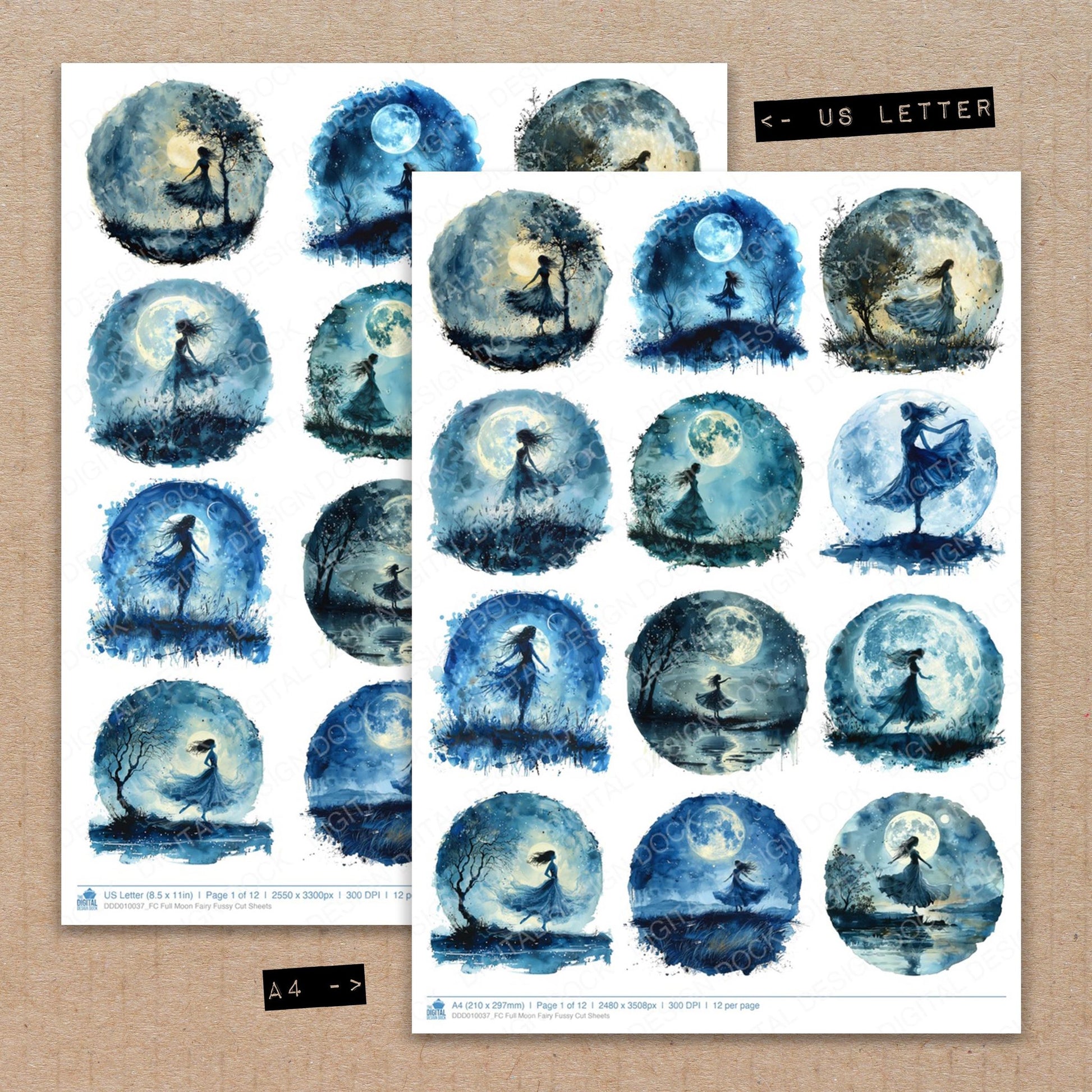 A4 and US Letter format comparison showing Full Moon Fairy fussy cut pages for print and cut crafting