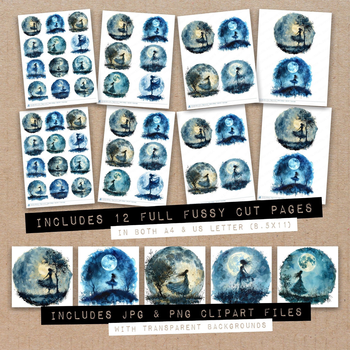 Full collection view of Full Moon Fairy fussy cut sheets with bonus clipart JPG and PNG files