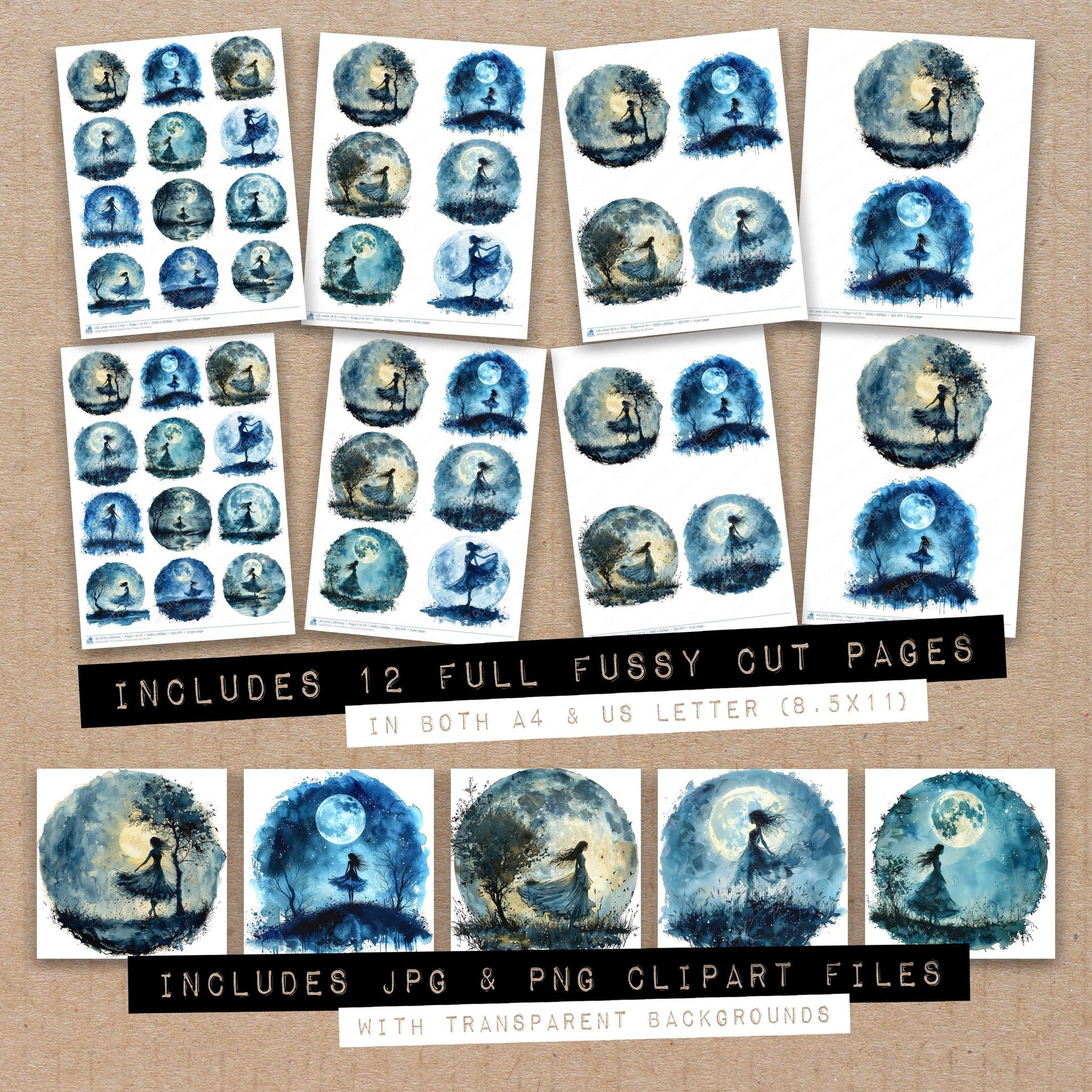 Full collection view of Full Moon Fairy fussy cut sheets with bonus clipart JPG and PNG files
