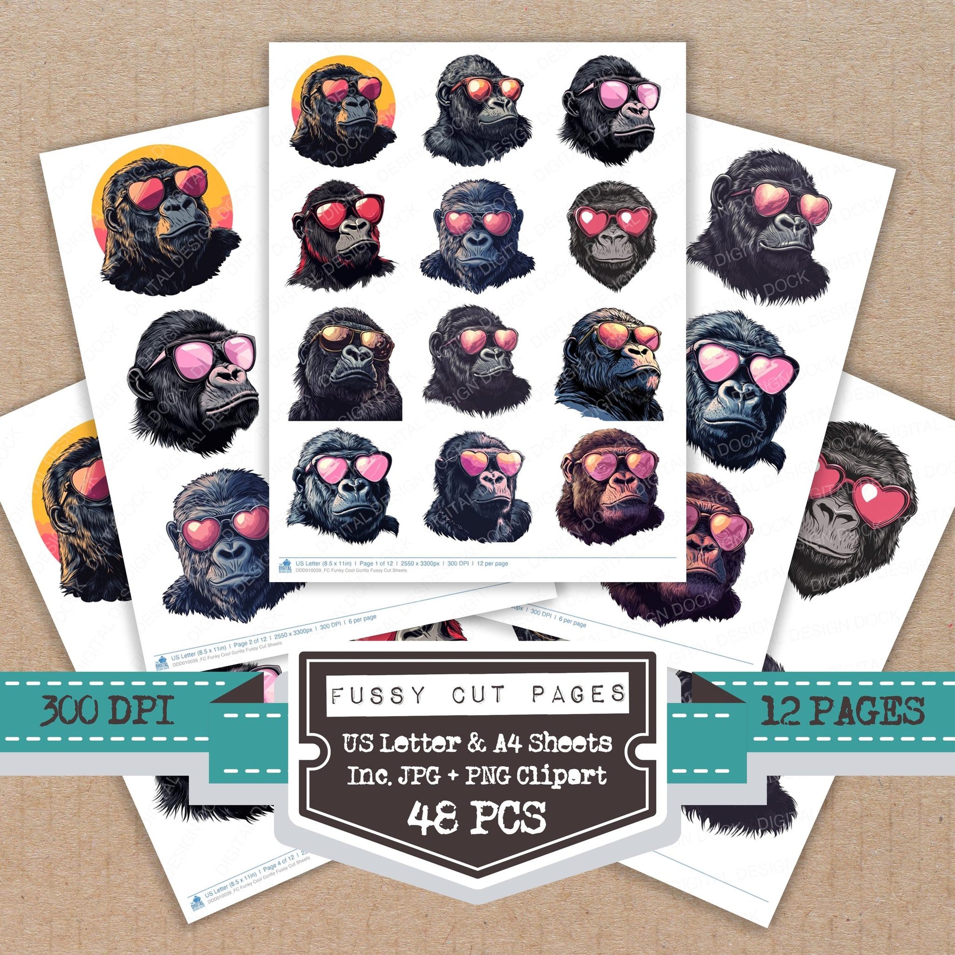 Funky Cool Gorilla fussy cut printable sheets for junk journaling, scrapbooking, and paper craft projects