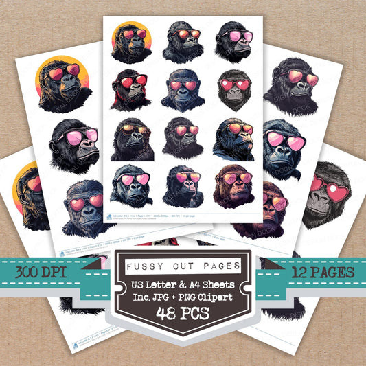 Funky Cool Gorilla fussy cut printable sheets for junk journaling, scrapbooking, and paper craft projects