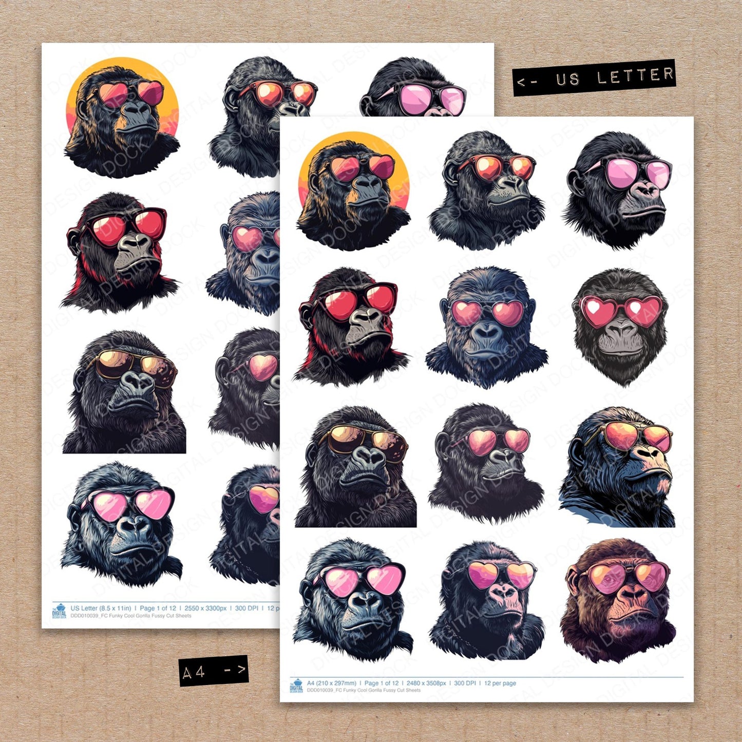 A4 and US Letter format comparison showing Funky Cool Gorilla fussy cut pages for print and cut crafting