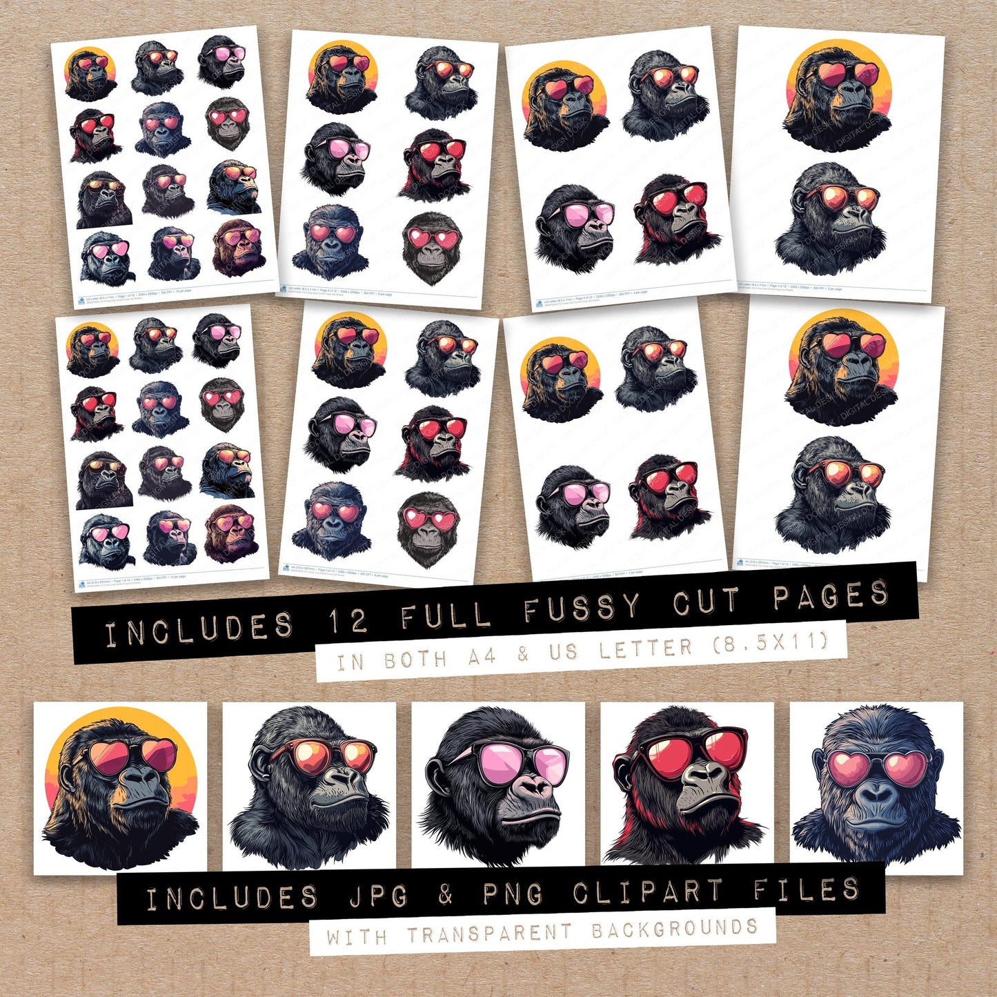 Full collection view of Funky Cool Gorilla fussy cut sheets with bonus clipart JPG and PNG files