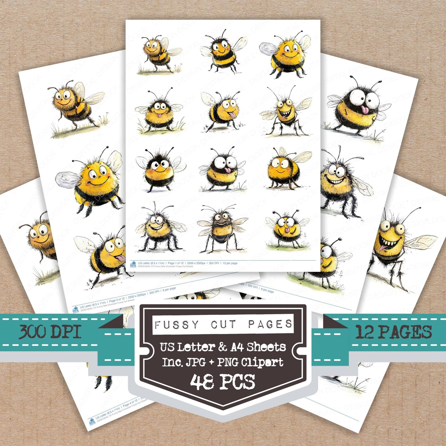 Funny Bee Character fussy cut printable sheets for junk journaling, scrapbooking, and paper craft projects
