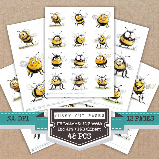 Funny Bee Character fussy cut printable sheets for junk journaling, scrapbooking, and paper craft projects
