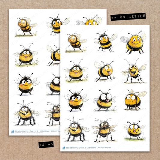 A4 and US Letter format comparison showing Funny Bee Character fussy cut pages for print and cut crafting